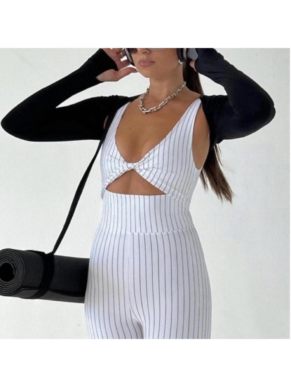 Revolve We Wore What white with thin black vertical striped playsuit